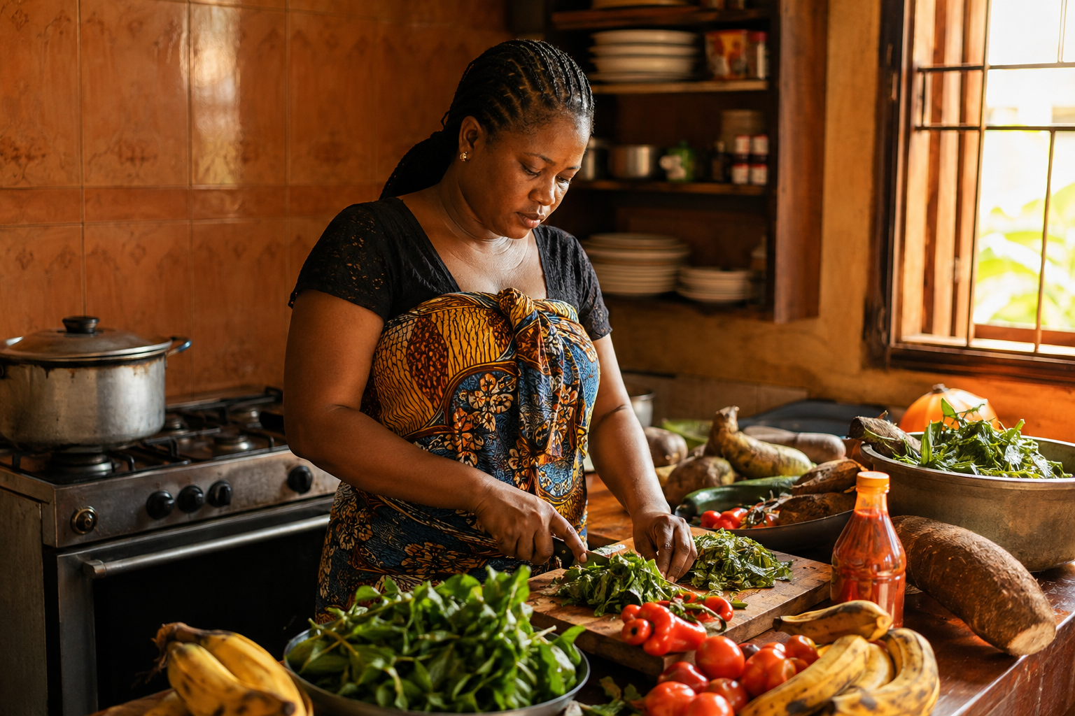 Woman preparing whole African foods in her kitchen